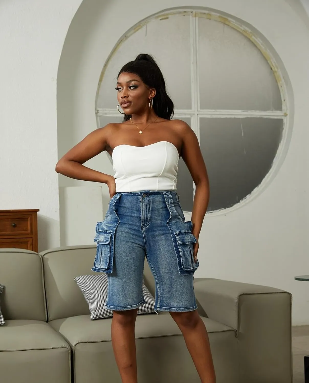 Voghtic Womens Jean Shorts Cargo High Waisted Stretchy Distressed Denim Bermuda Shorts with Pockets