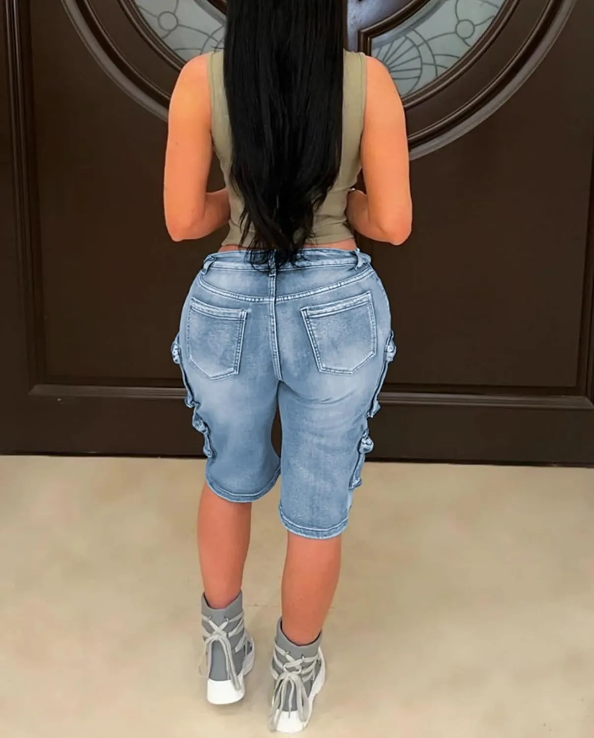 Voghtic Womens Jean Shorts Cargo High Waisted Stretchy Distressed Denim Bermuda Shorts with Pockets