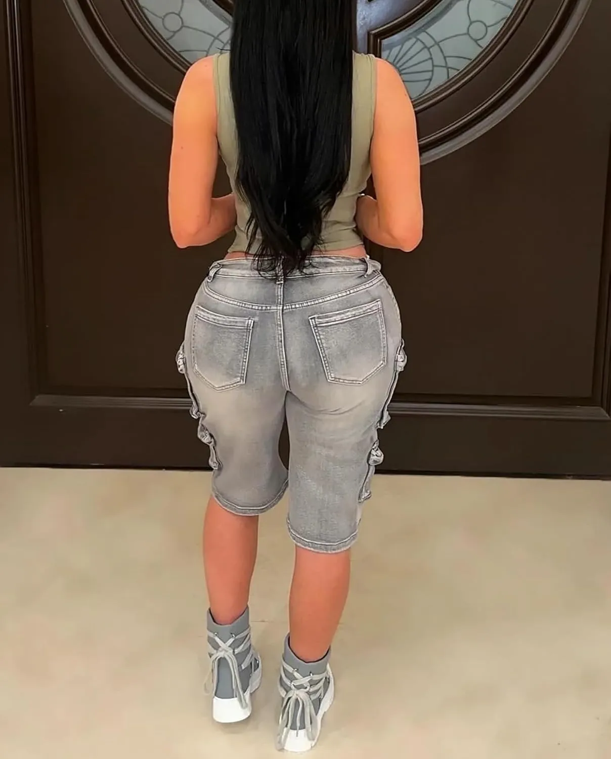 Voghtic Womens Jean Shorts Cargo High Waisted Stretchy Distressed Denim Bermuda Shorts with Pockets