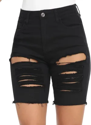 WAYRUNZ Womens Denim Bermuda Shorts High Waist Ripped Hole Distressed Short Jeans Junior