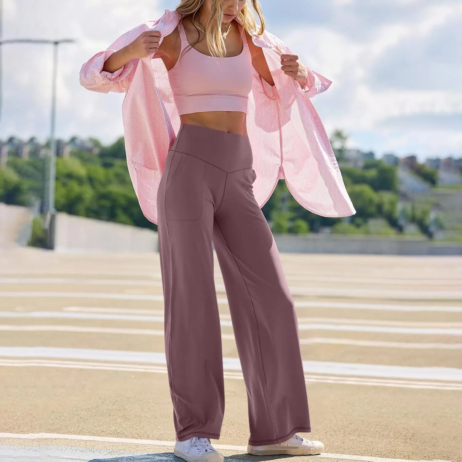 Wide Leg Pants Woman High Waist Yoga Pants with Pockets Loose Stretch Dress Work Sweatpants Casual Lounge