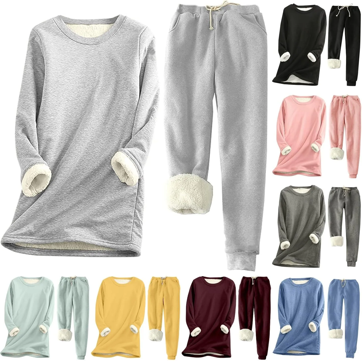 Winter Thermal Fleece Lined Underwear for Women 2 Piece Lounge Set Crewneck Long Sleeve Top and Jogger Pants Thick Sweatsuits