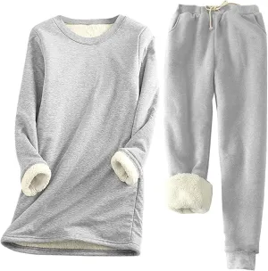 Winter Thermal Fleece Lined Underwear for Women 2 Piece Lounge Set Crewneck Long Sleeve Top and Jogger Pants Thick Sweatsuits