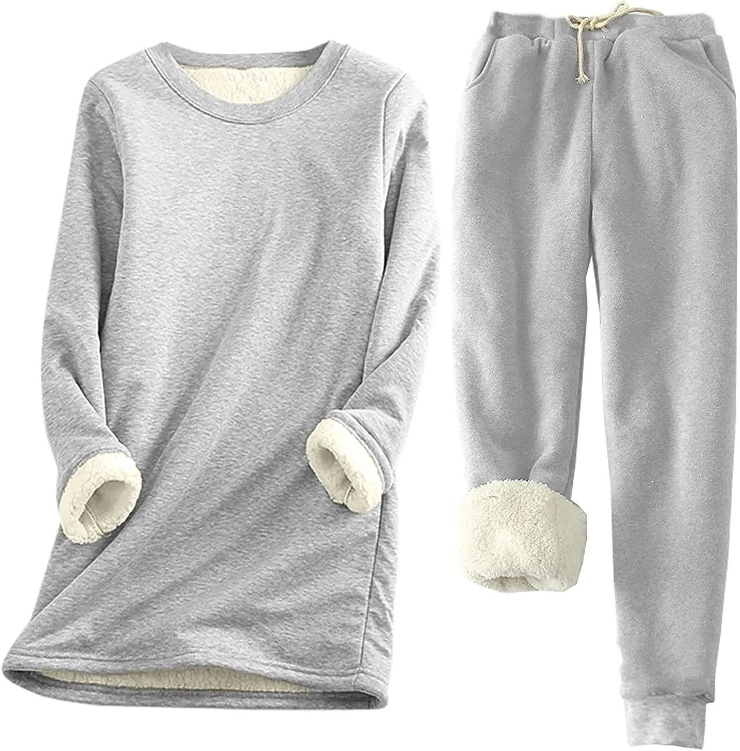 Winter Thermal Fleece Lined Underwear for Women 2 Piece Lounge Set Crewneck Long Sleeve Top and Jogger Pants Thick Sweatsuits