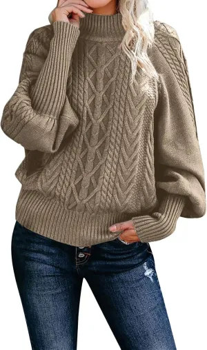 Women 2023 Fall Winter Sweater Mock Neck Balloon Sleeve Sweater Solid Lantern Sleeve Pullover Winter Chunky Sweater