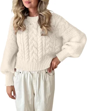 Women Cable Knit Sweaters Crewneck Long Sleeve Chunky Knit Sweater Clean Girl Aesthetic Oversized Pullover Jumper Tops