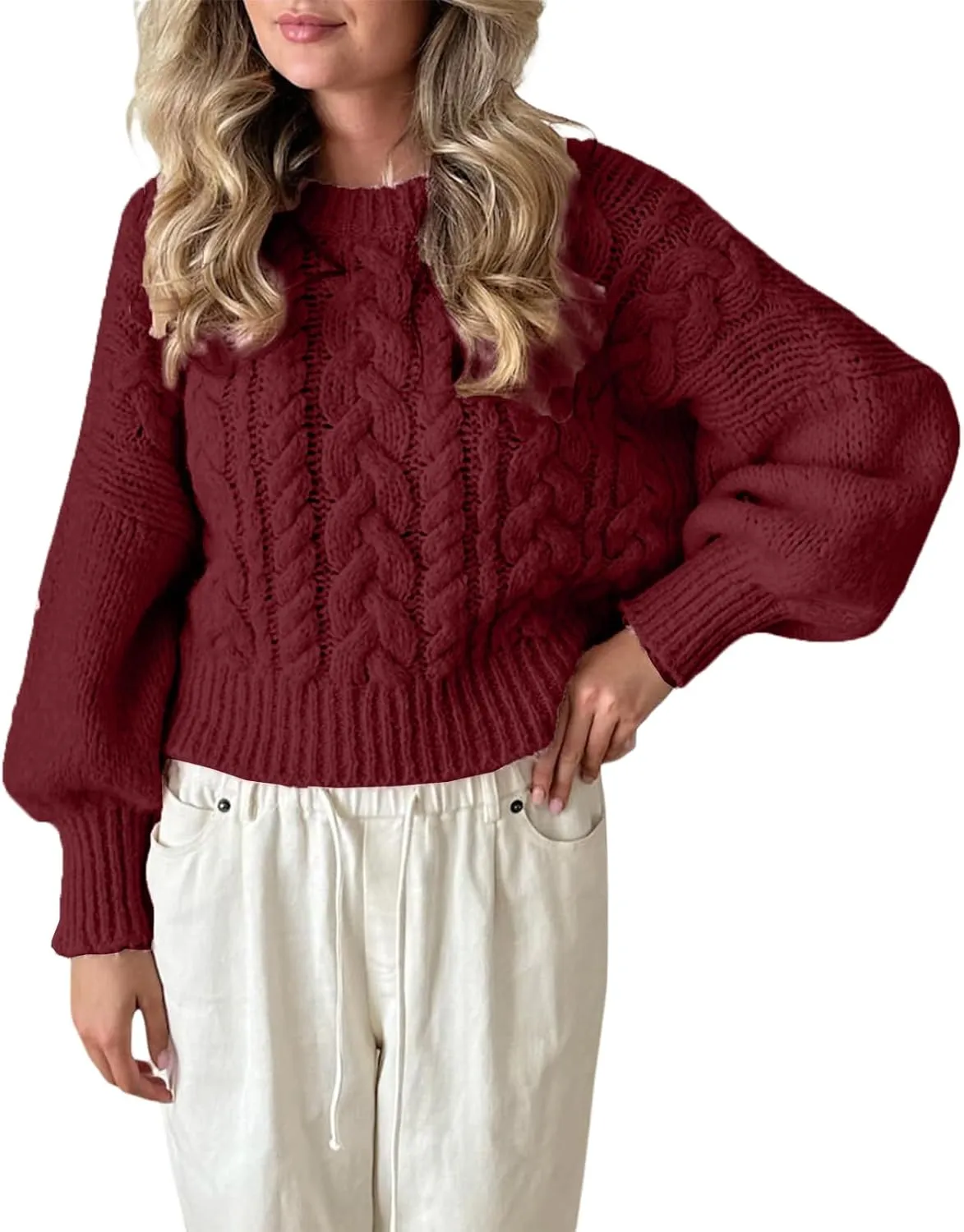 Women Cable Knit Sweaters Crewneck Long Sleeve Chunky Knit Sweater Clean Girl Aesthetic Oversized Pullover Jumper Tops
