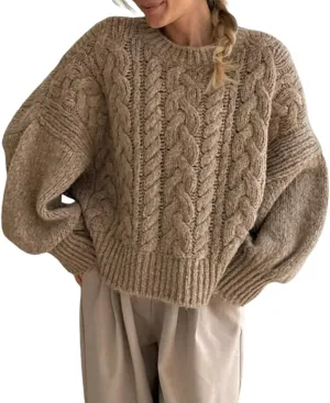 Women Cable Knit Sweaters Lantern Long Sleeve Crewneck Twist Pullover Sweater Casual Chunky Basic Knit Jumper Tops