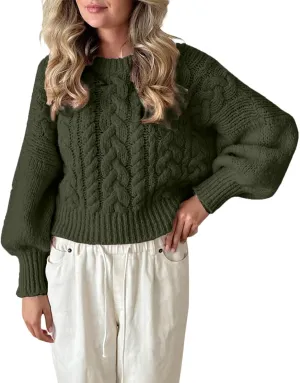 Women Cable Knit Sweaters Lantern Long Sleeve Crewneck Twist Pullover Sweater Casual Chunky Basic Knit Jumper Tops
