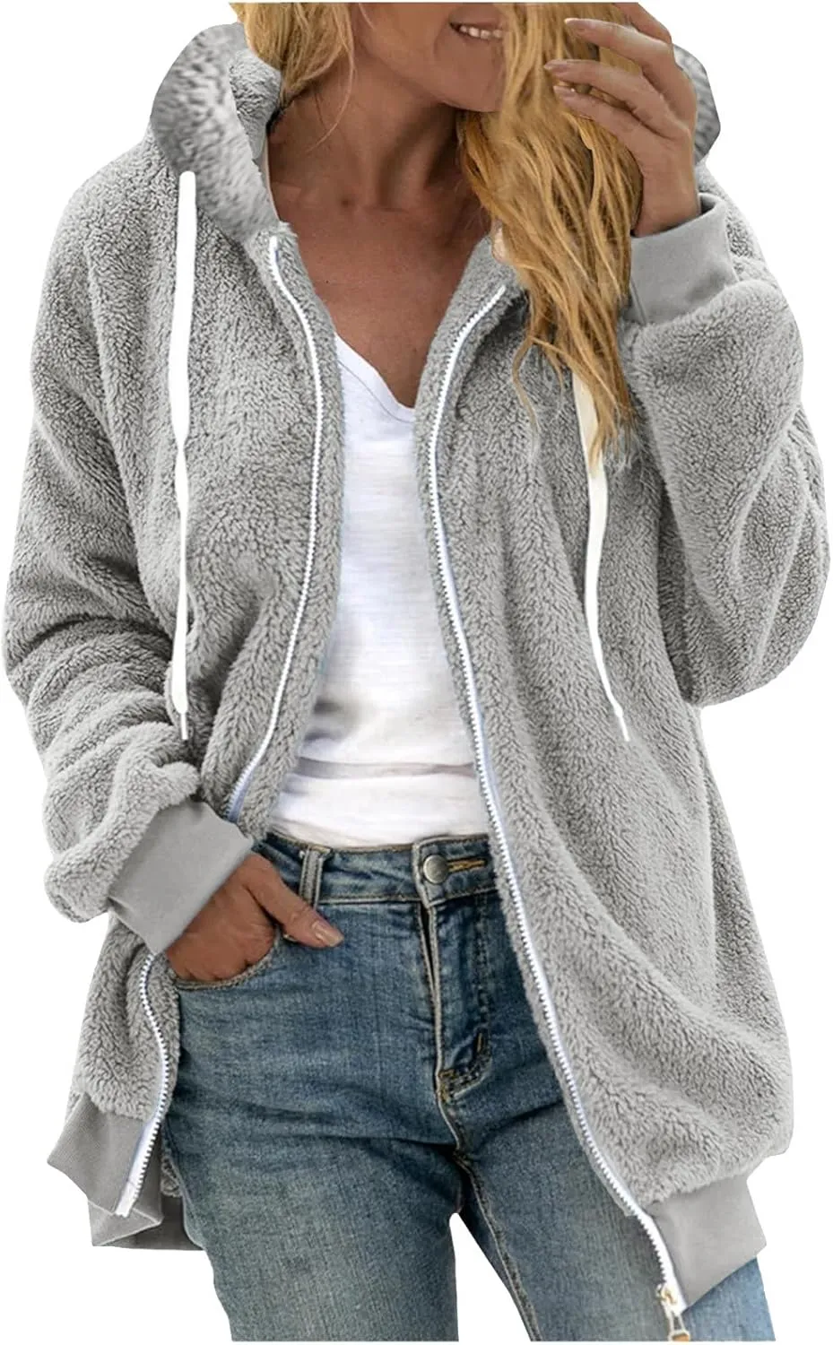 Women Fuzzy Jackets Full Zip Hooded Sweatshirt Coat Winter Warm Fleece Plush Zipper Hoodies Cozy Cardigan Outwear