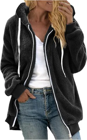 Women Fuzzy Jackets Full Zip Hooded Sweatshirt Coat Winter Warm Fleece Plush Zipper Hoodies Cozy Cardigan Outwear