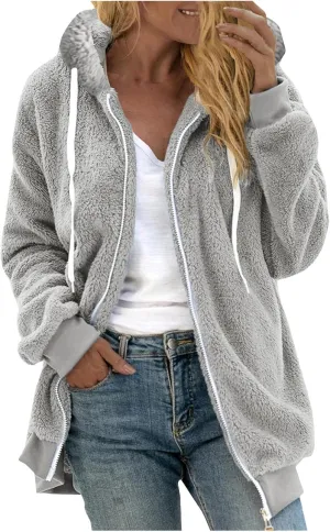 Women Fuzzy Jackets Full Zip Hooded Sweatshirt Coat Winter Warm Fleece Plush Zipper Hoodies Cozy Cardigan Outwear