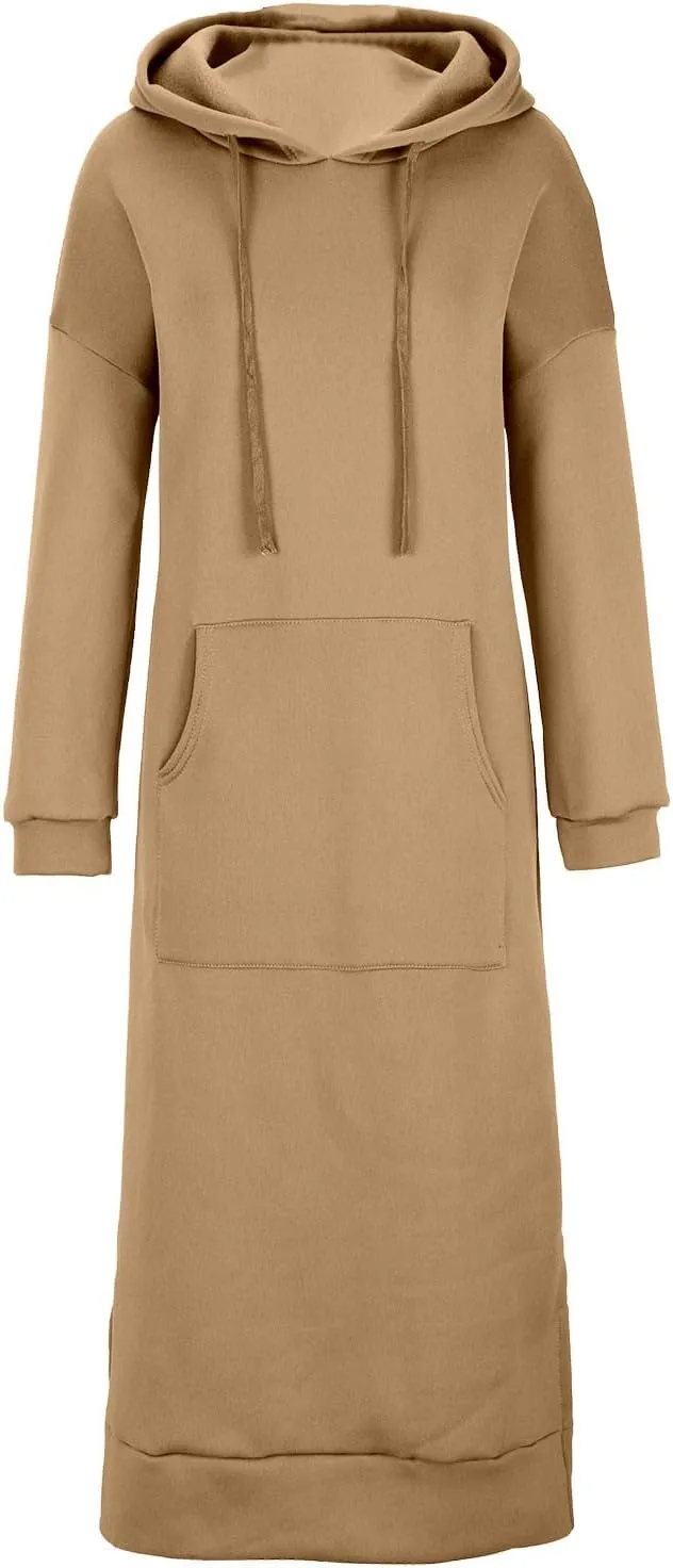 Women Hooded Maxi Dress Casual Loose Sweatshirt Long Dress Winter Fall Drawstring Slit Hoodie Dresses with Pocket