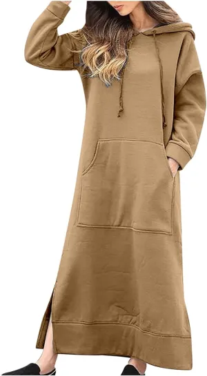 Women Hooded Maxi Dress Casual Loose Sweatshirt Long Dress Winter Fall Drawstring Slit Hoodie Dresses with Pocket
