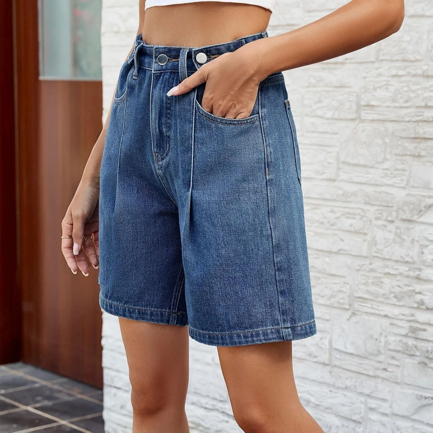 Women Jean Shorts High Rise Petite Wide Leg Short Pants with Pocket Vacation Casual Outfits