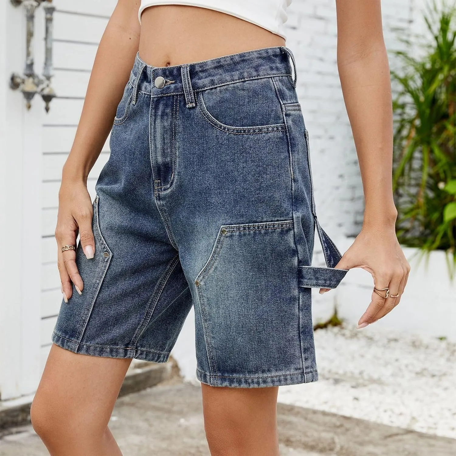 Women Jean Shorts High Rise Petite Wide Leg Short Pants with Pocket Vacation Casual Outfits