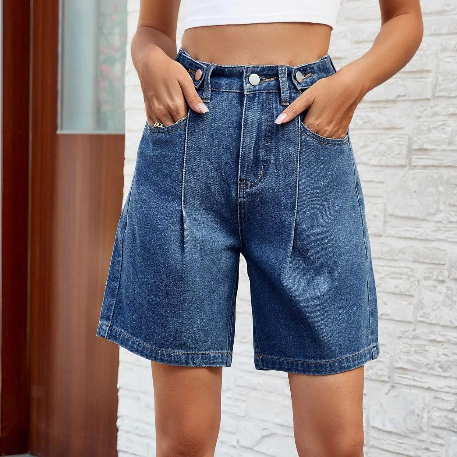 Women Jean Shorts High Rise Petite Wide Leg Short Pants with Pocket Vacation Casual Outfits