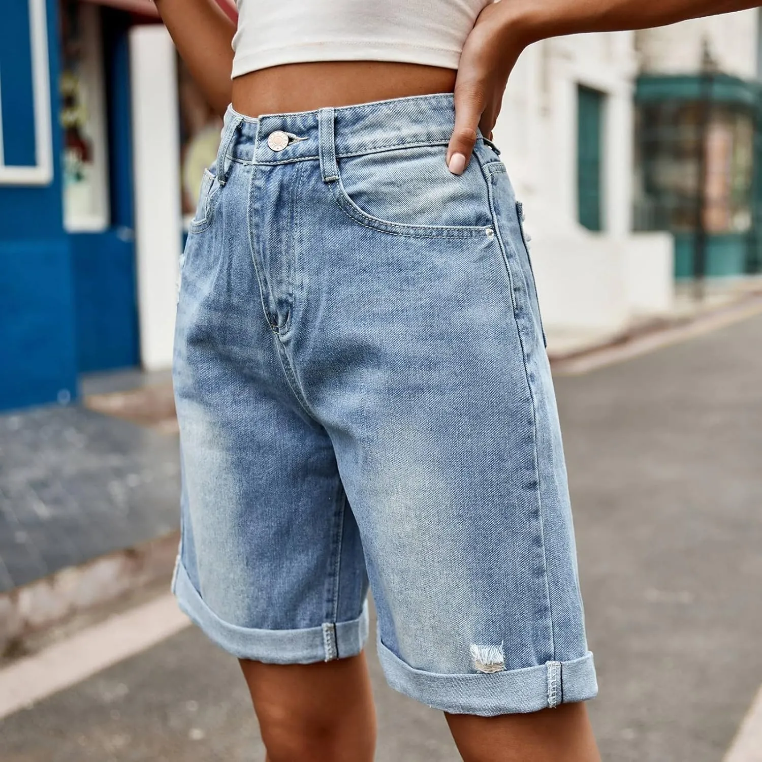 Women Jean Shorts High Rise Petite Wide Leg Short Pants with Pocket Vacation Casual Outfits