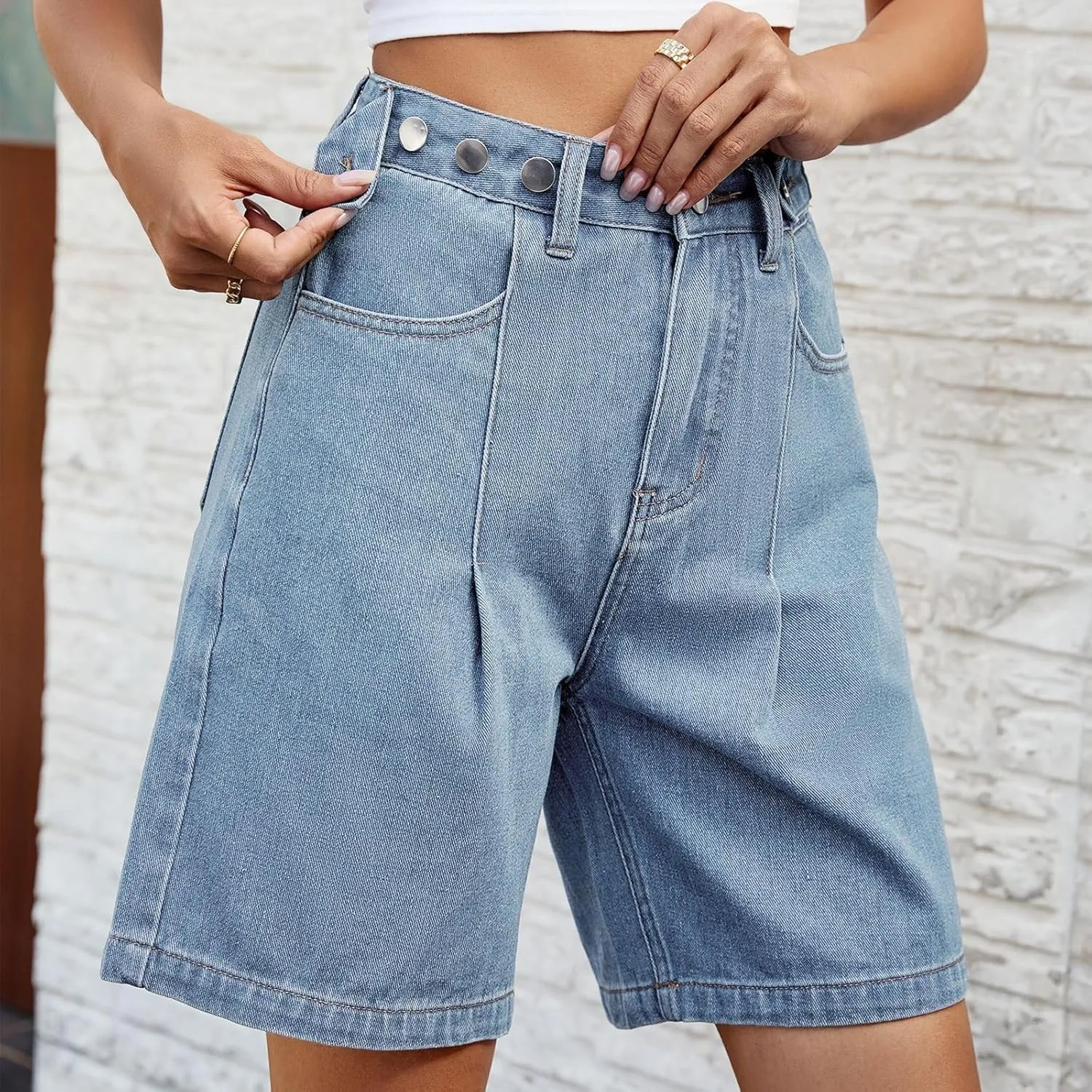 Women Jean Shorts High Rise Petite Wide Leg Short Pants with Pocket Vacation Casual Outfits