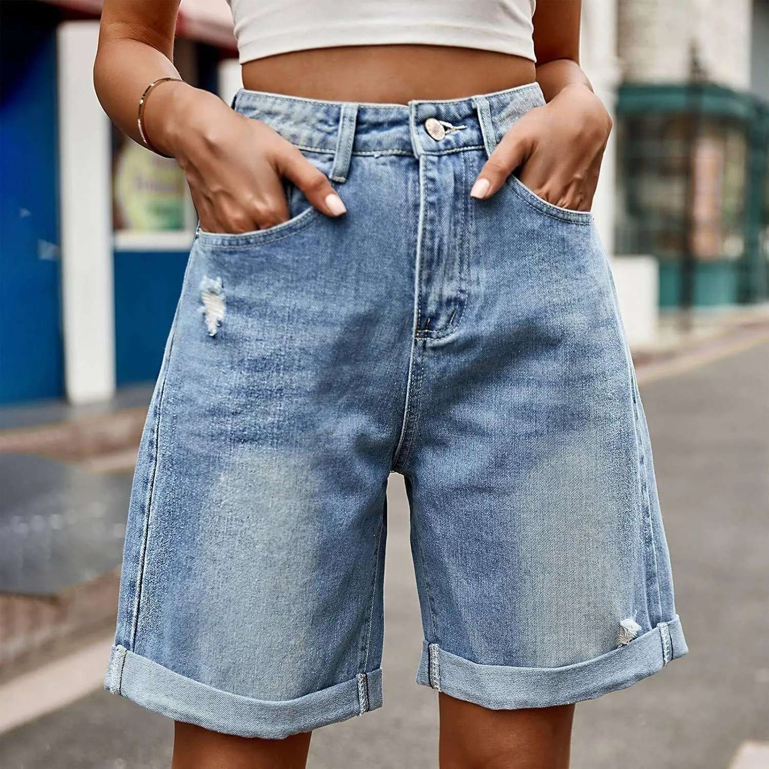 Women Jean Shorts High Rise Petite Wide Leg Short Pants with Pocket Vacation Casual Outfits