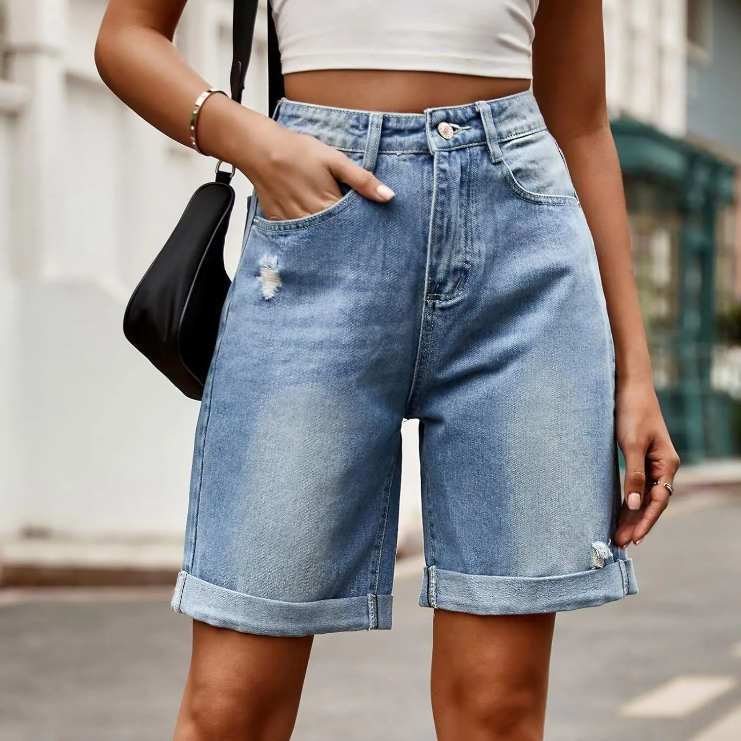 Women Jean Shorts High Rise Petite Wide Leg Short Pants with Pocket Vacation Casual Outfits