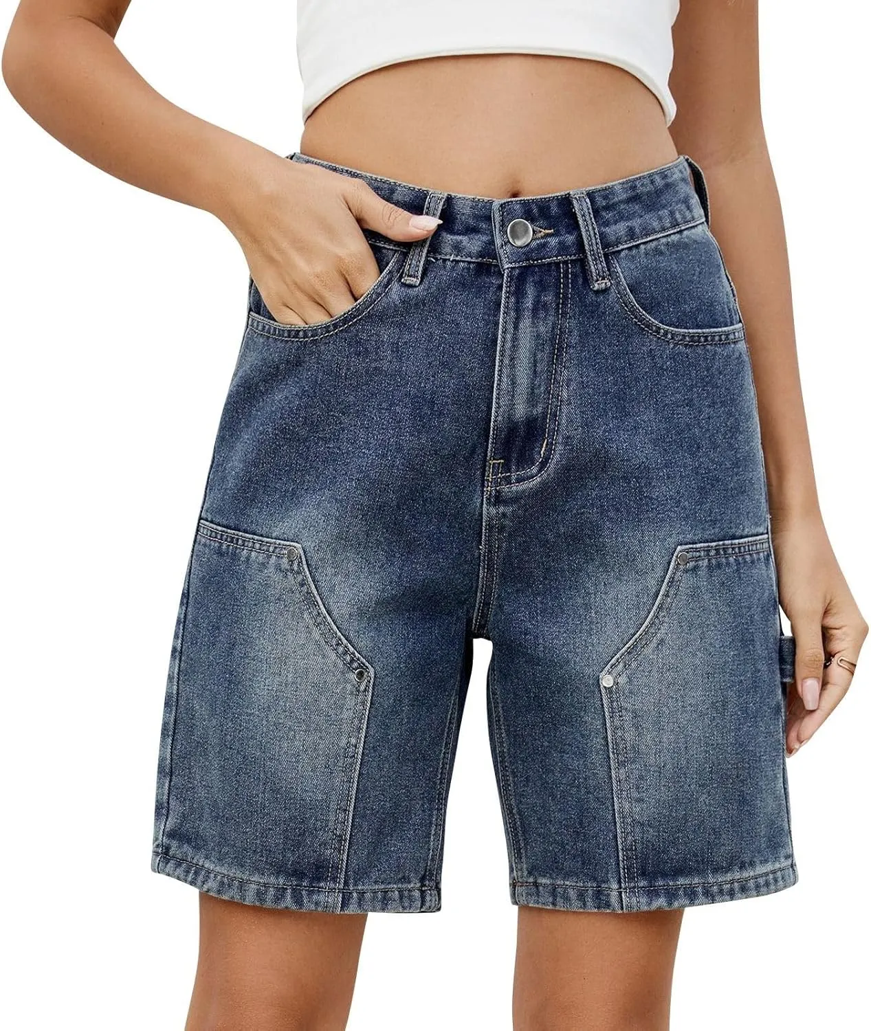 Women Jean Shorts High Rise Petite Wide Leg Short Pants with Pocket Vacation Casual Outfits