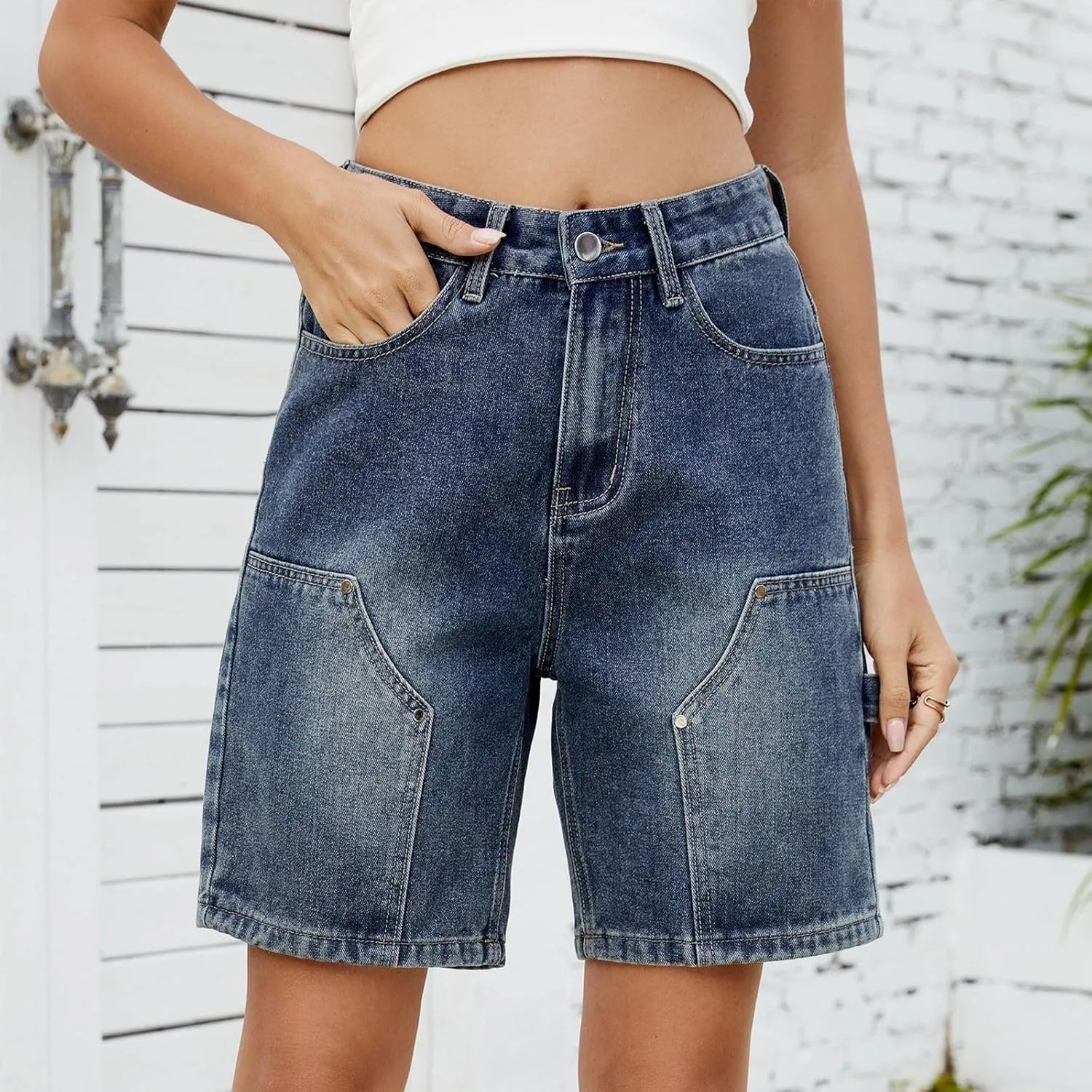 Women Jean Shorts High Rise Petite Wide Leg Short Pants with Pocket Vacation Casual Outfits