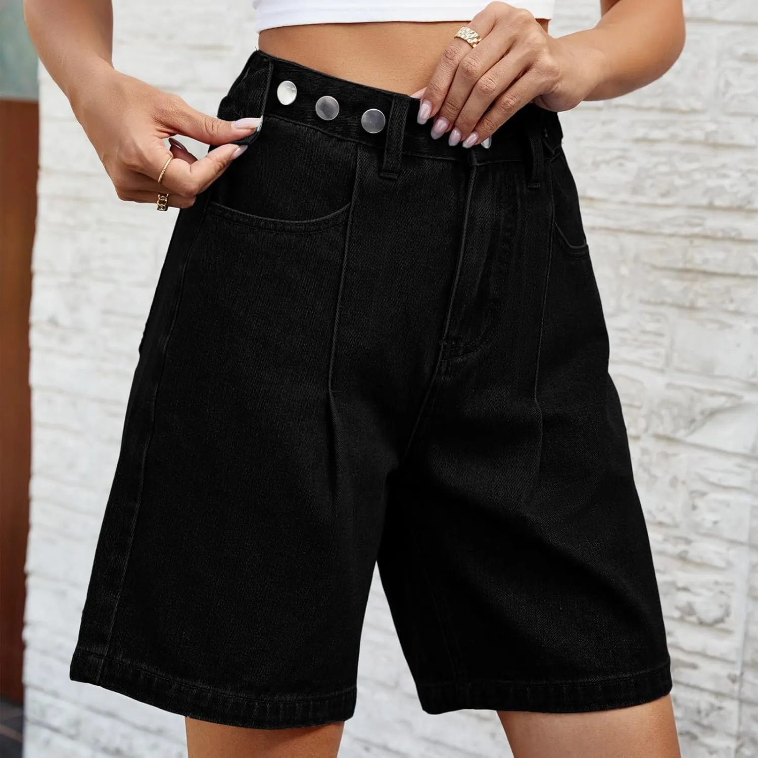 Women Jean Shorts High Rise Petite Wide Leg Short Pants with Pocket Vacation Casual Outfits