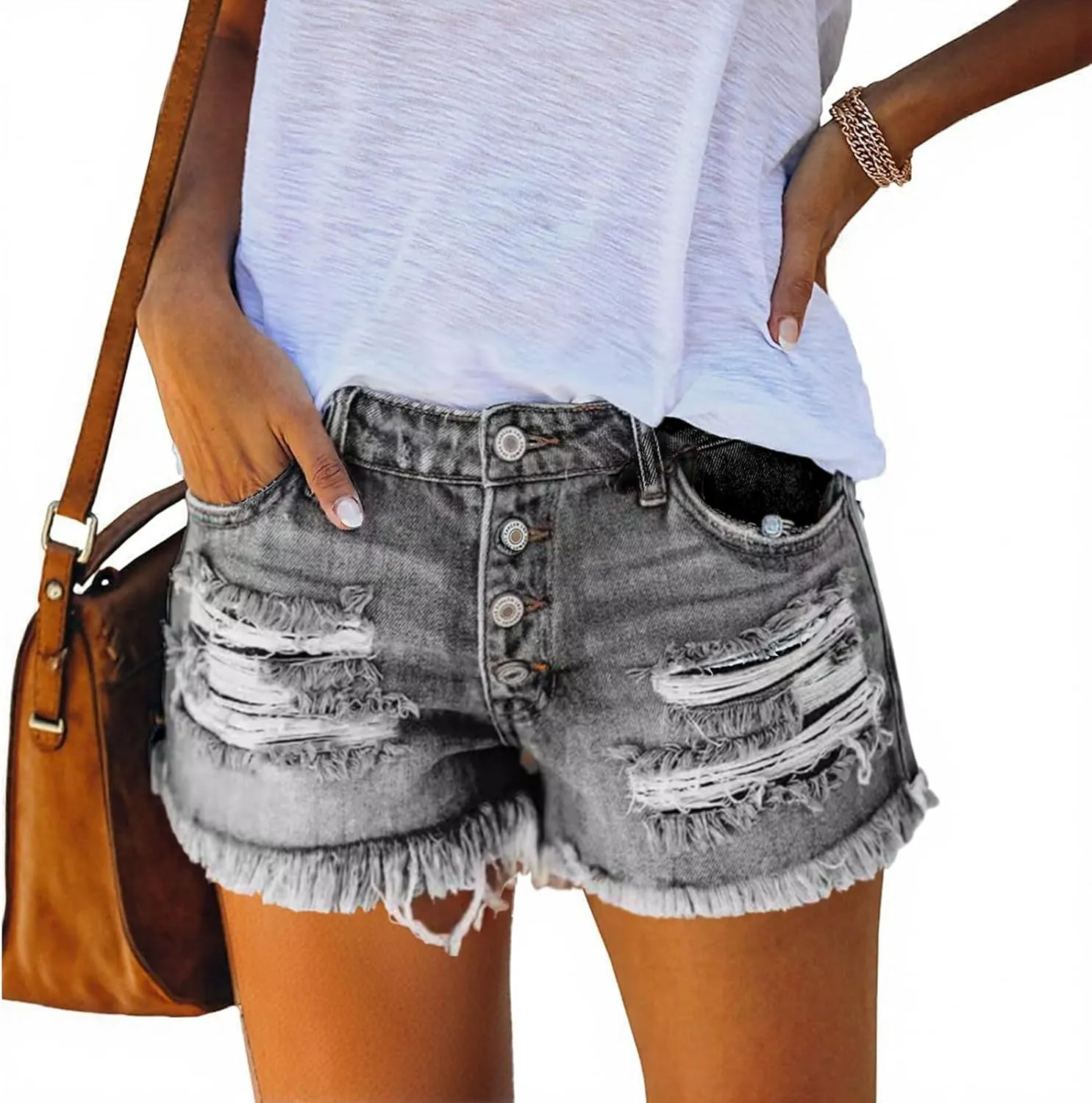 Women Jean Shorts High Waisted Denim Shorts Summer Casual Distressed Ripped Jeans Short Raw Hem Hot Short Jeans