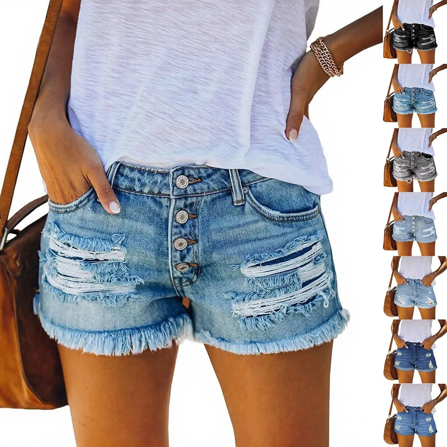 Women Jean Shorts High Waisted Denim Shorts Summer Casual Distressed Ripped Jeans Short Raw Hem Hot Short Jeans