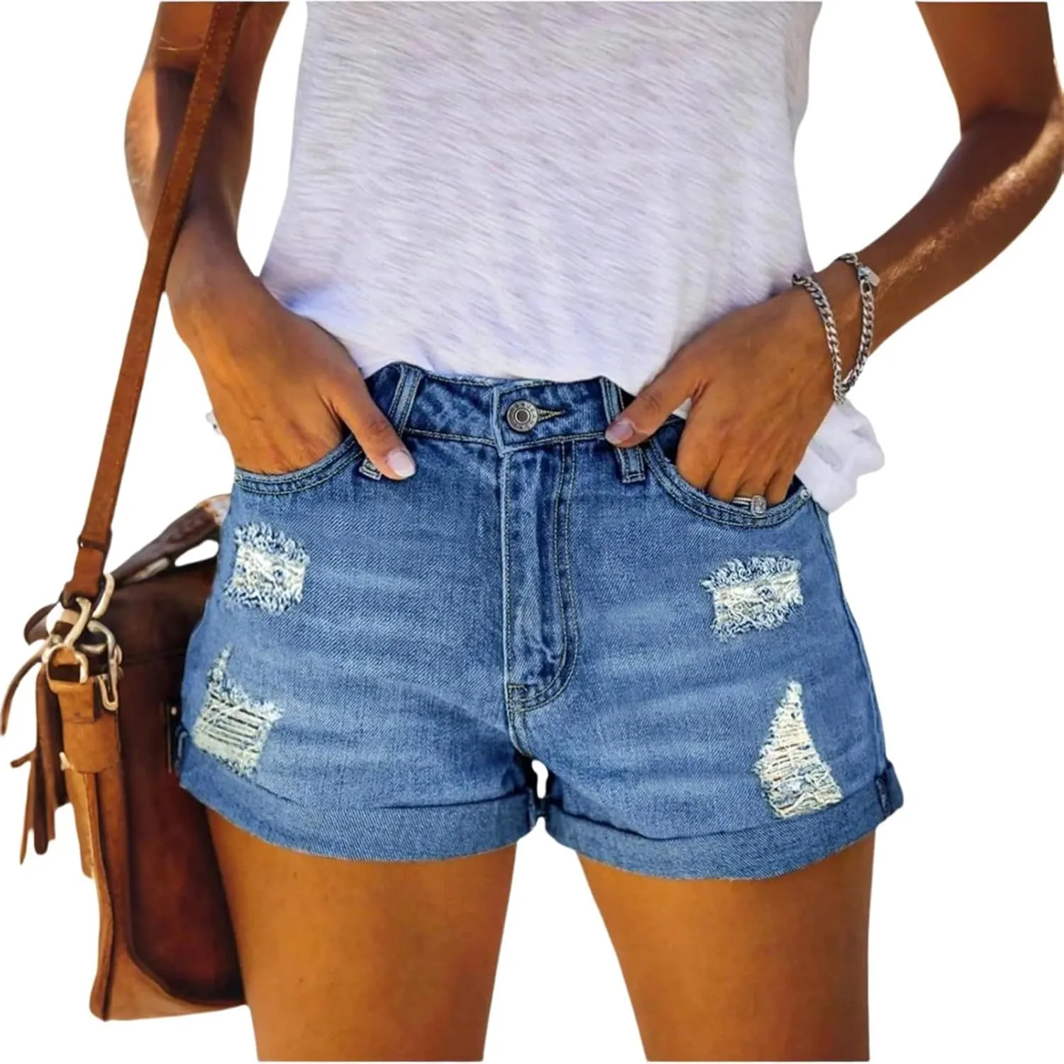 Women Jean Shorts High Waisted Denim Shorts Summer Casual Distressed Ripped Jeans Short Raw Hem Hot Short Jeans
