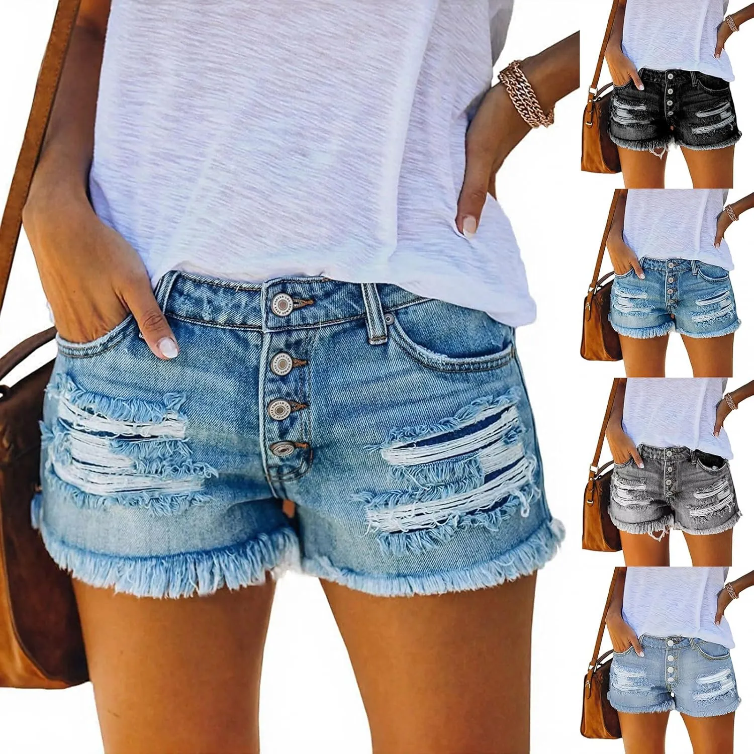 Women Jean Shorts High Waisted Denim Shorts Summer Casual Distressed Ripped Jeans Short Raw Hem Hot Short Jeans