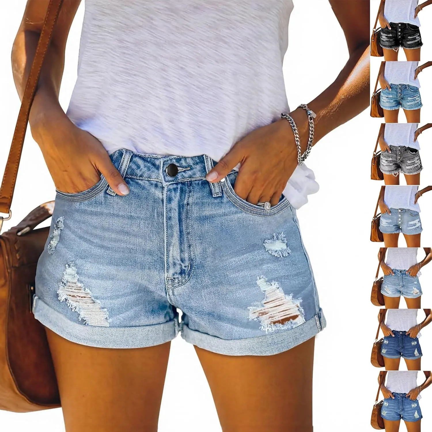 Women Jean Shorts High Waisted Denim Shorts Summer Casual Distressed Ripped Jeans Short Raw Hem Hot Short Jeans