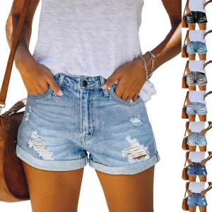 Women Jean Shorts High Waisted Denim Shorts Summer Casual Distressed Ripped Jeans Short Raw Hem Hot Short Jeans