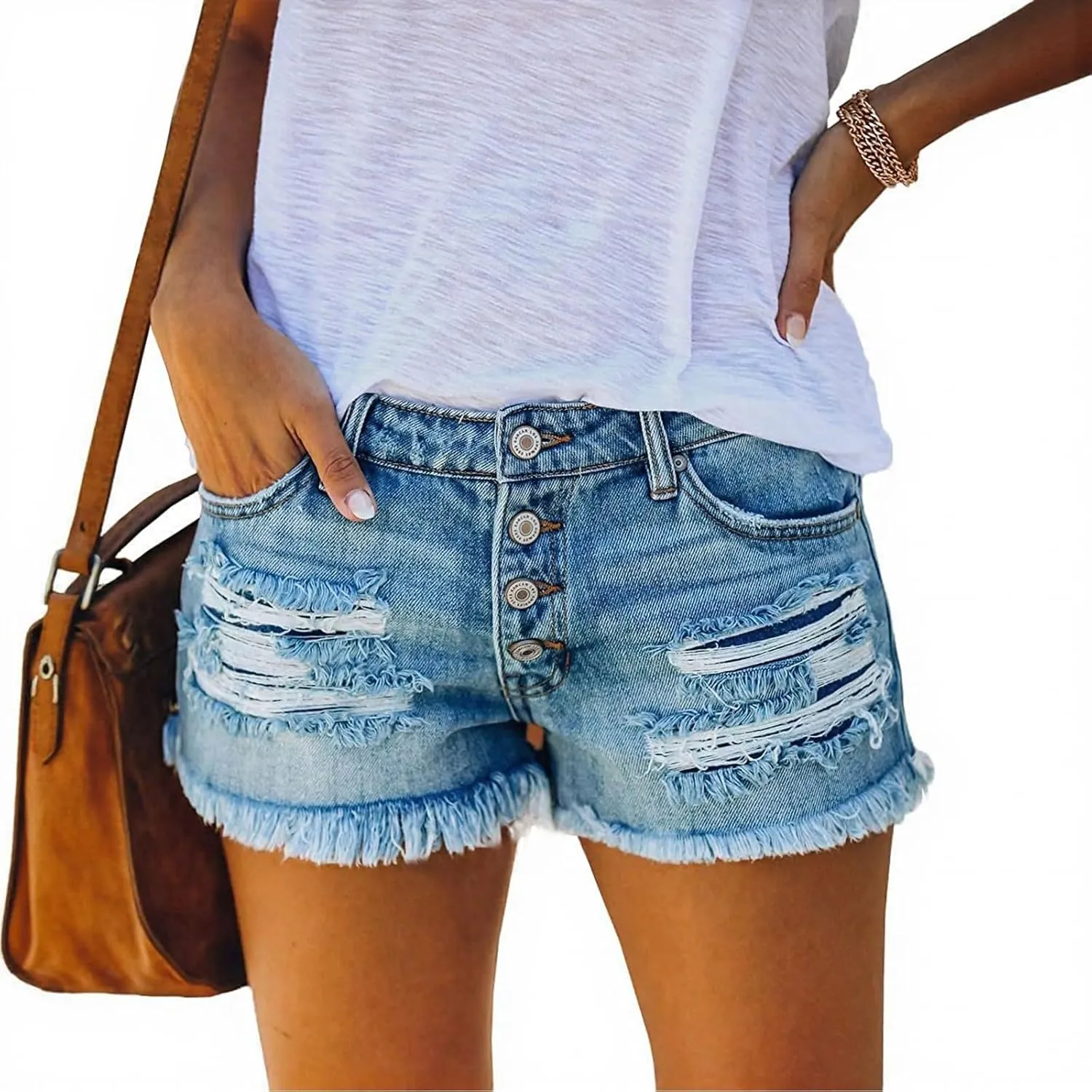 Women Jean Shorts High Waisted Denim Shorts Summer Casual Distressed Ripped Jeans Short Raw Hem Hot Short Jeans