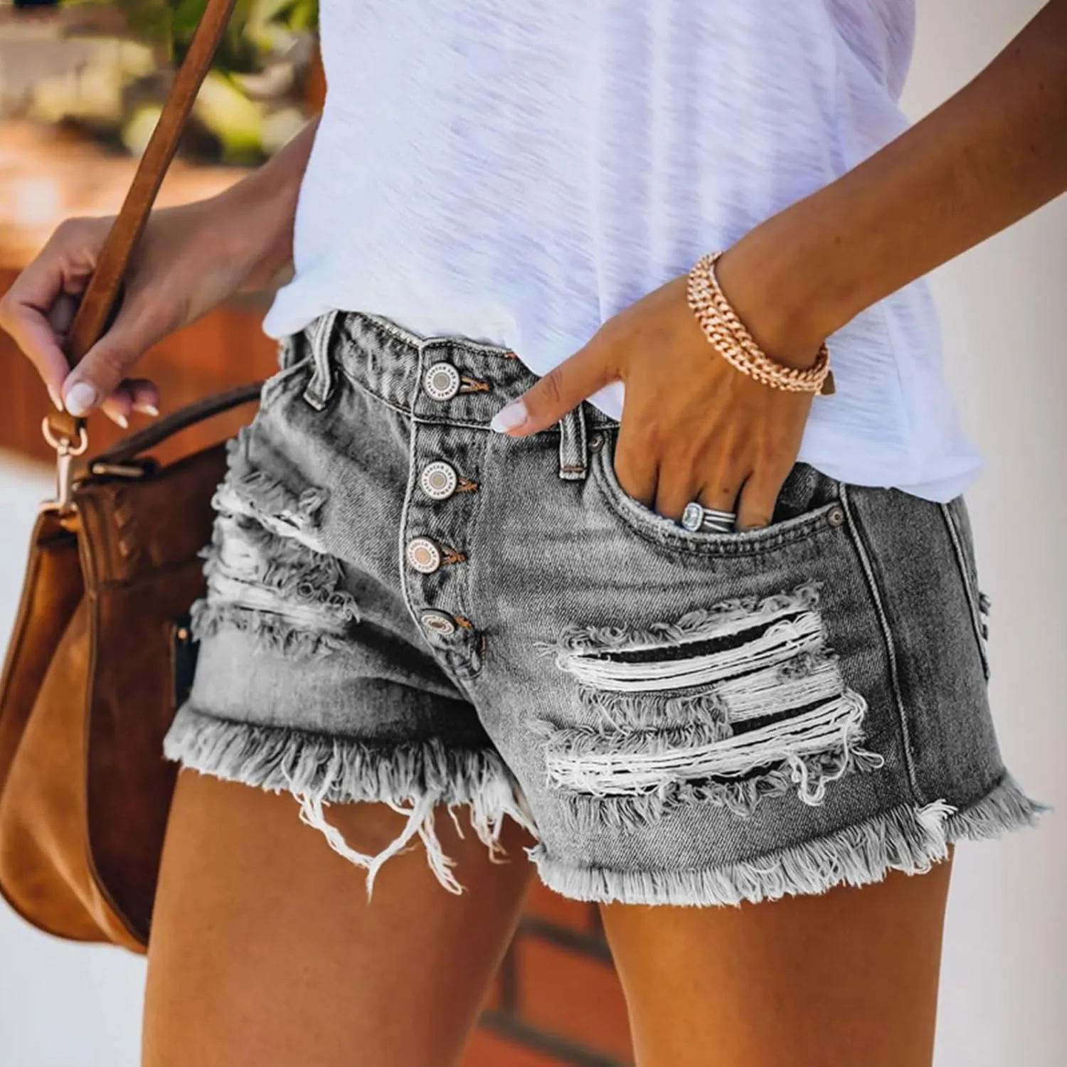 Women Jean Shorts High Waisted Denim Shorts Summer Casual Distressed Ripped Jeans Short Raw Hem Hot Short Jeans