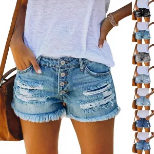 Women Jean Shorts High Waisted Denim Shorts Summer Casual Distressed Ripped Jeans Short Raw Hem Hot Short Jeans