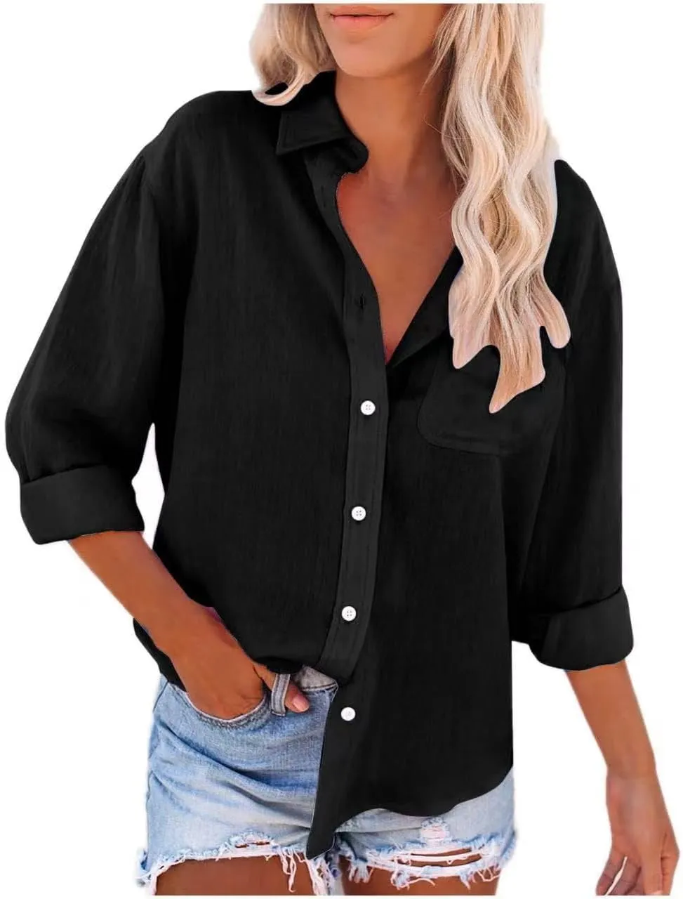 Women Linen Shirts Long Sleeve Stand-up Collar Button-up Business Shirt Summer Fashion Causal Loose Fit Linen Outfits