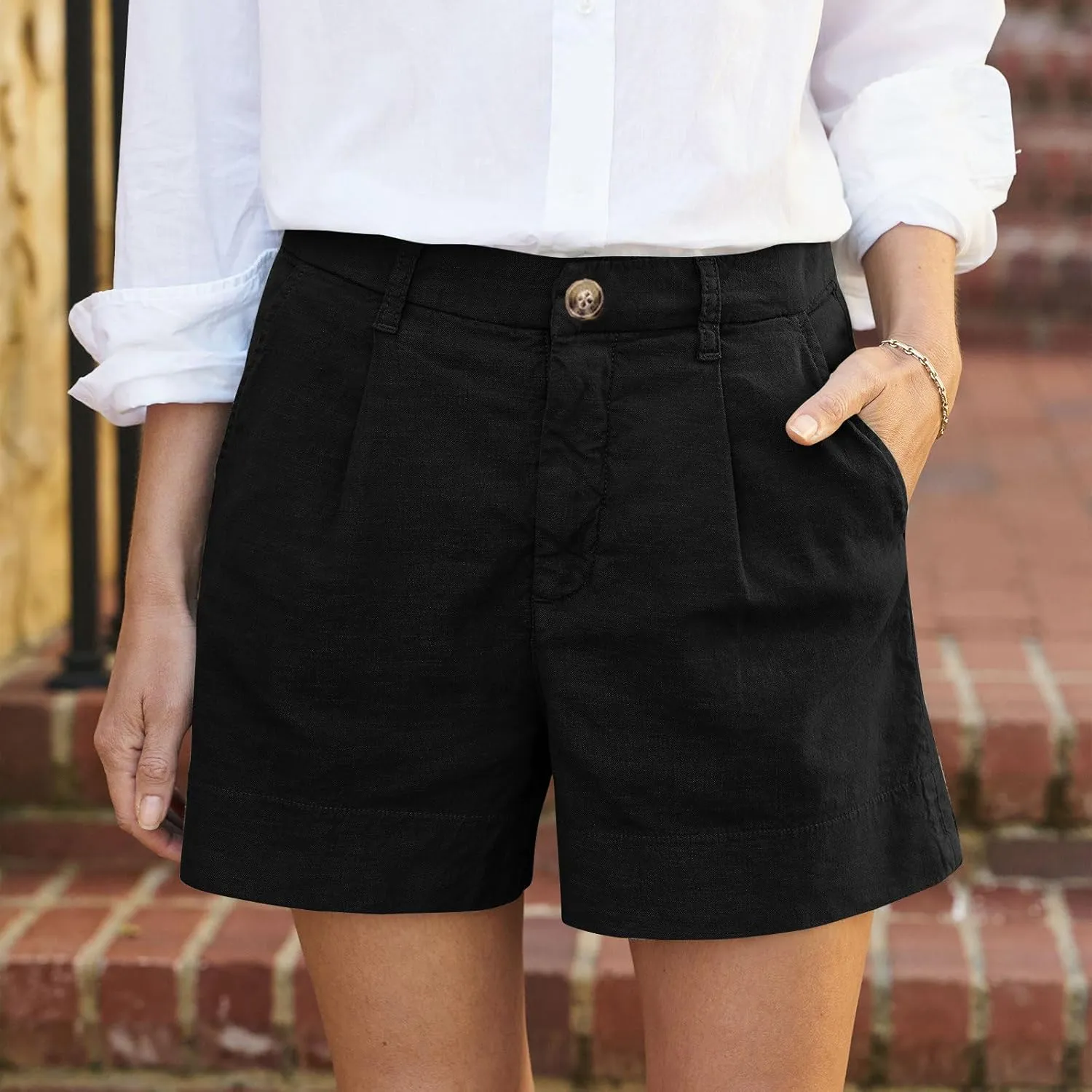 Women Linen Shorts Summer Casual Chino Shorts High Waisted Bermuda Shorts Dressy Wide Leg Shorts with Pockets