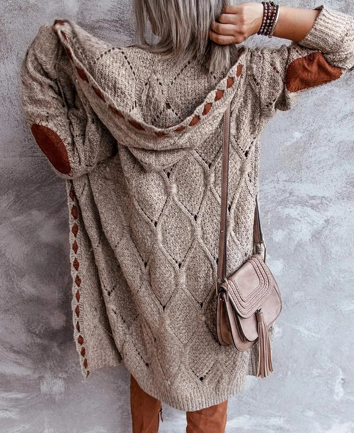 Women Long Cardigan Sweater Jacket Hooded Open Front Cable Knit Sweaters Coat