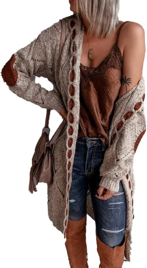 Women Long Cardigan Sweater Jacket Hooded Open Front Cable Knit Sweaters Coat