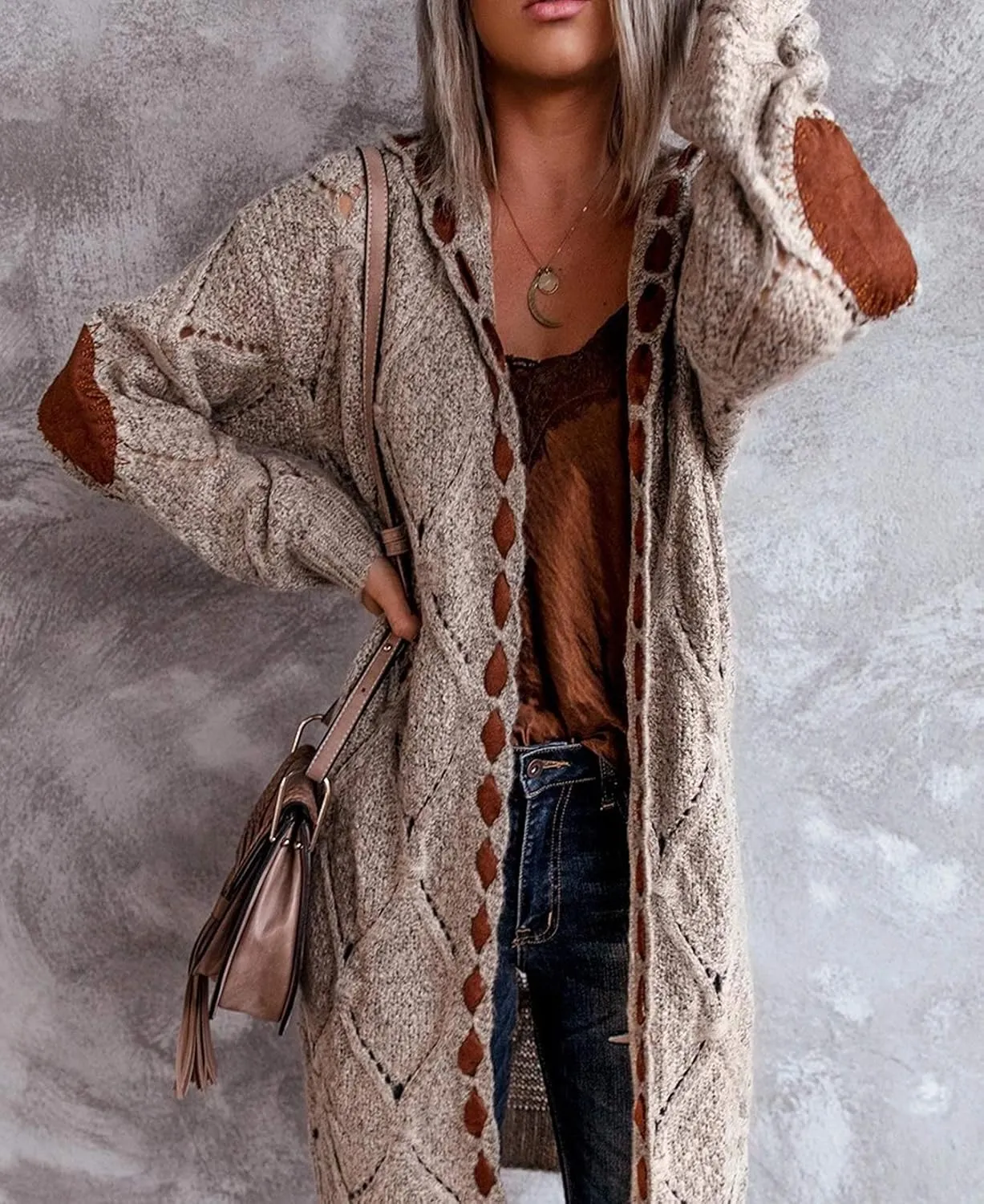 Women Long Cardigan Sweater Jacket Hooded Open Front Cable Knit Sweaters Coat
