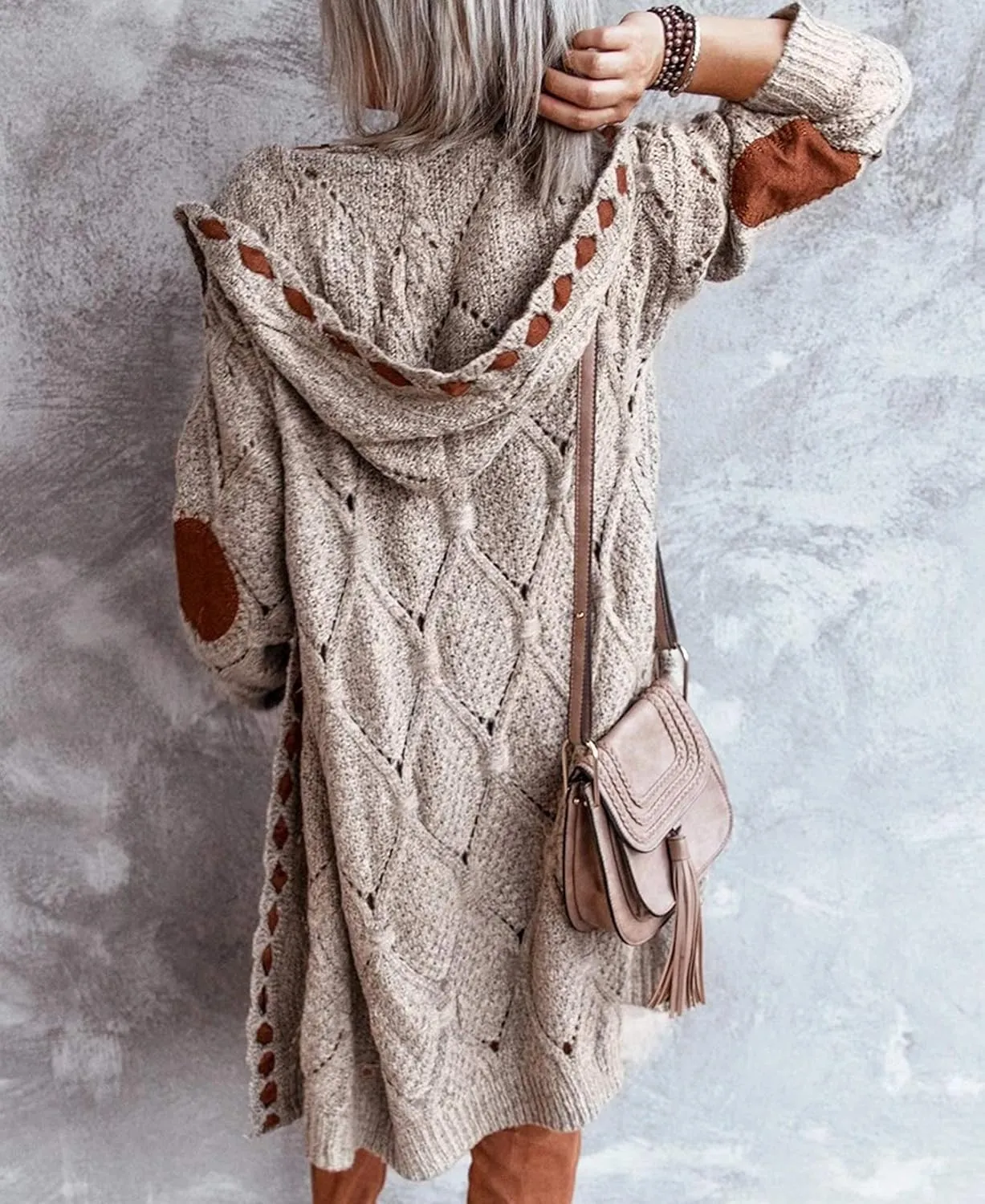 Women Long Cardigan Sweater Jacket Hooded Open Front Cable Knit Sweaters Coat
