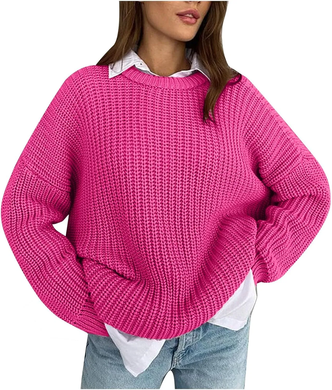Women Loose Cable Knit Sweaters Long Sleeve Round Neck Sweater Trendy Casual Chunky Pullovers
