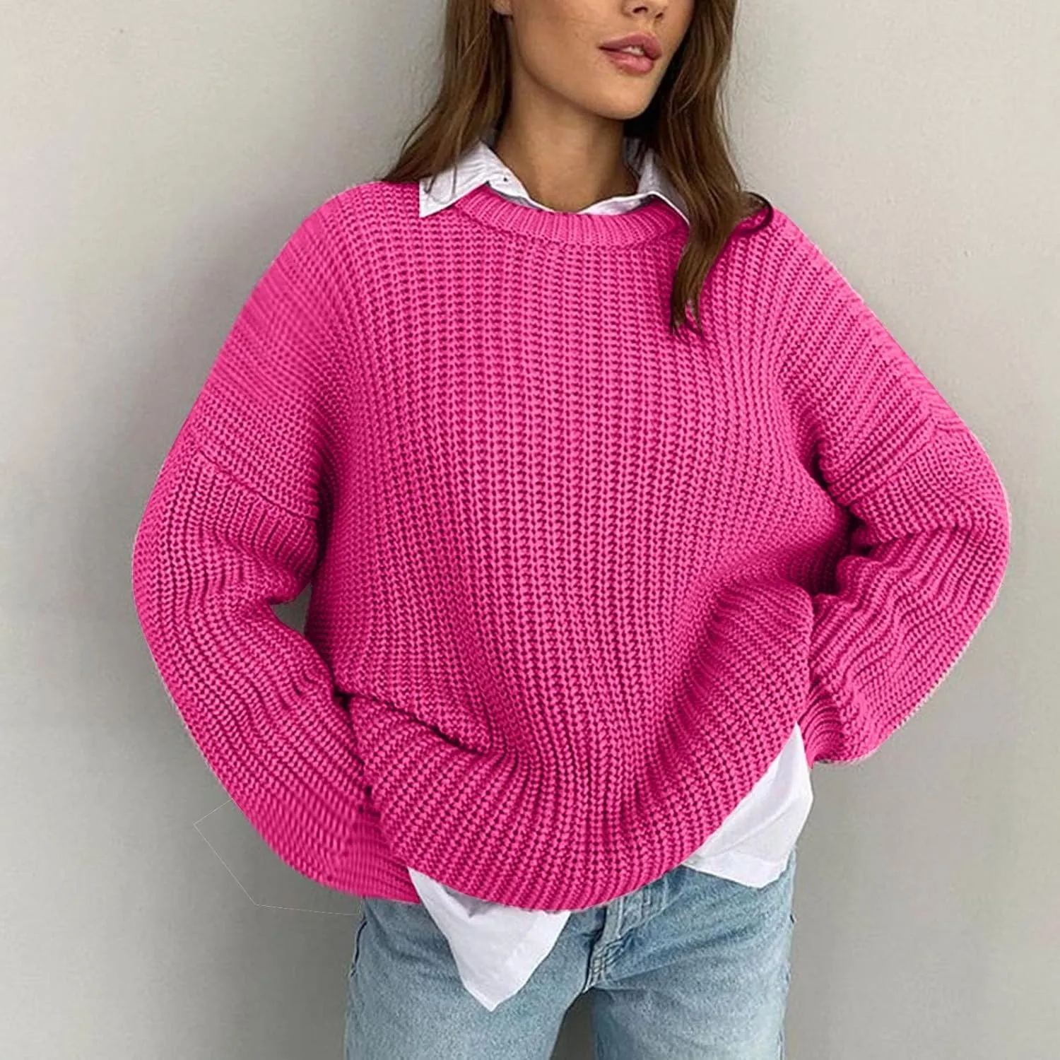 Women Loose Cable Knit Sweaters Long Sleeve Round Neck Sweater Trendy Casual Chunky Pullovers