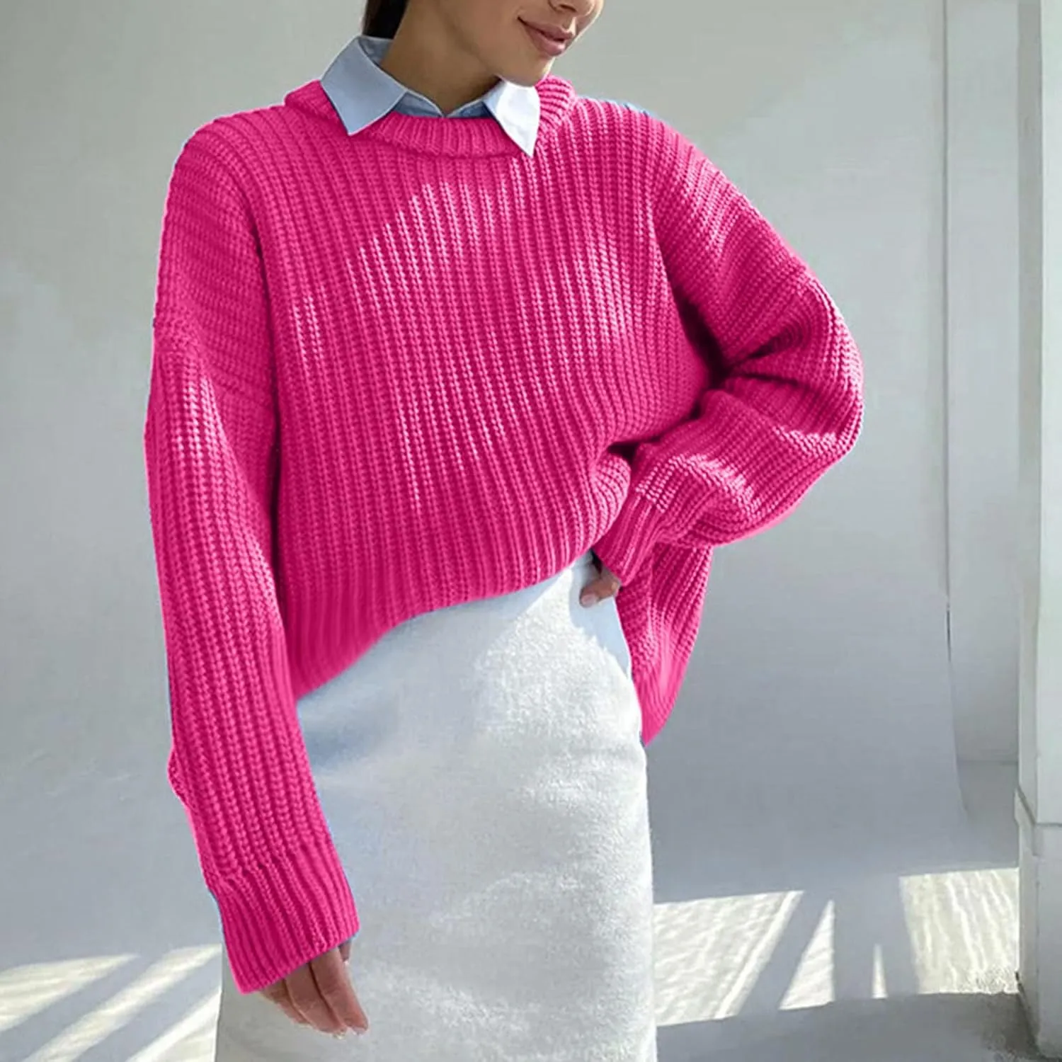 Women Loose Cable Knit Sweaters Long Sleeve Round Neck Sweater Trendy Casual Chunky Pullovers