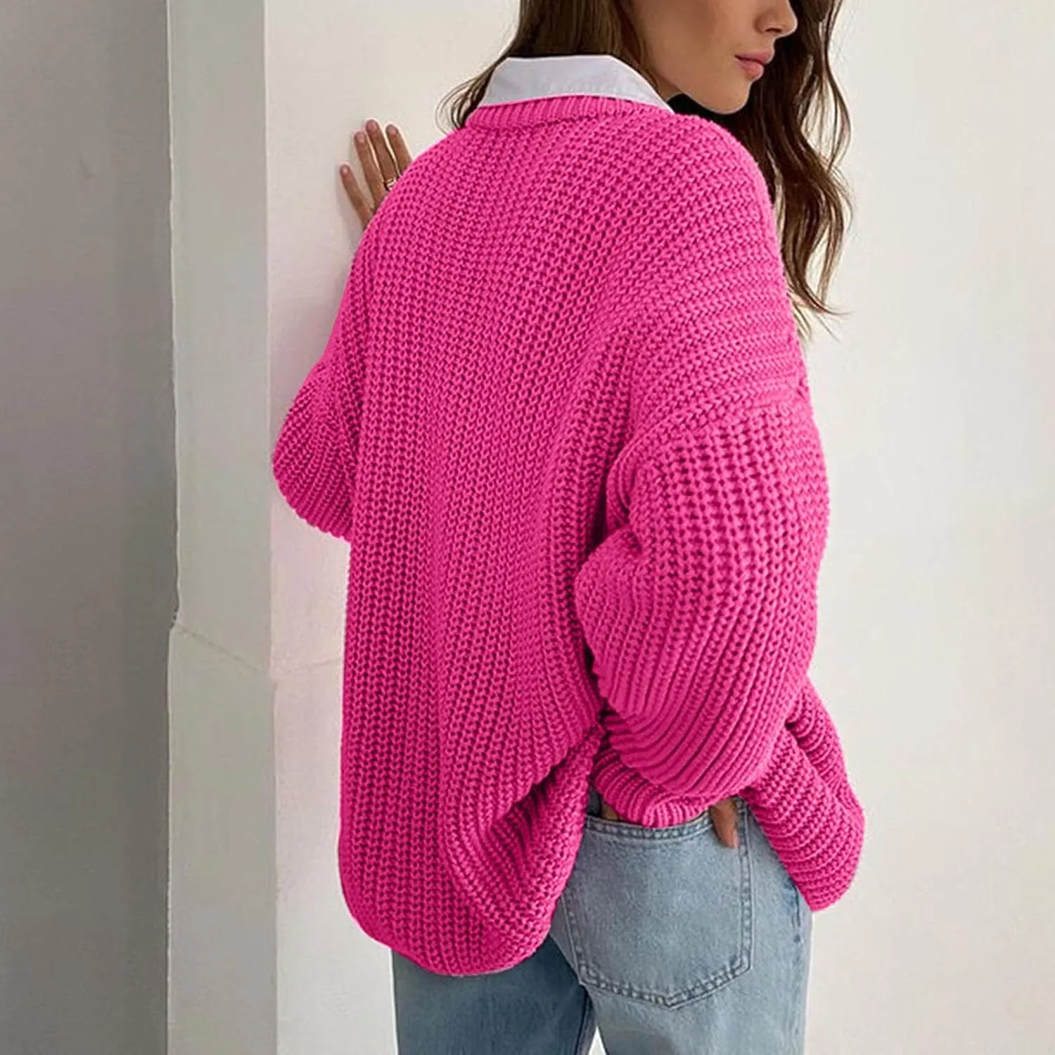 Women Loose Cable Knit Sweaters Long Sleeve Round Neck Sweater Trendy Casual Chunky Pullovers