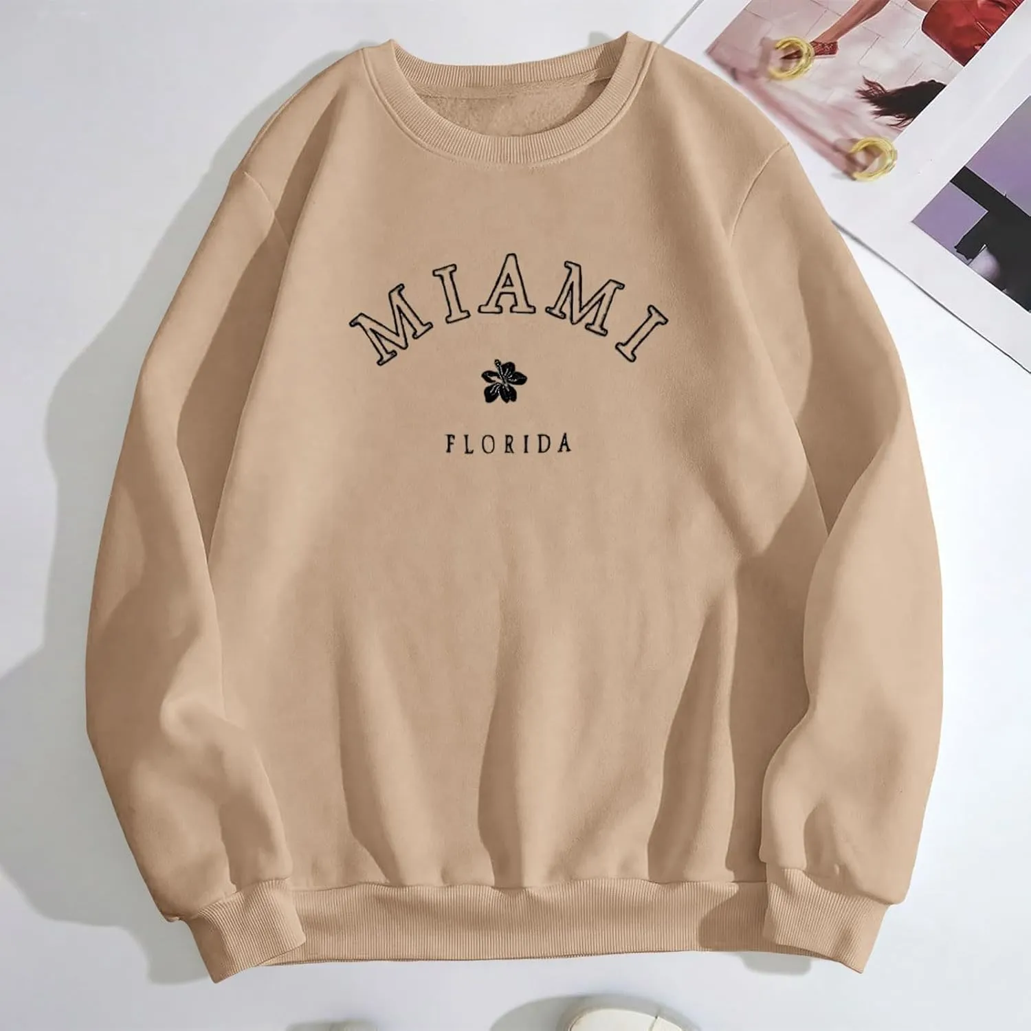 Women Miami Letter Graphic Print Oversized Sweatshirt Fleece Crewneck Long Sleeve Drop Shoulder Pullover Fall Clothes