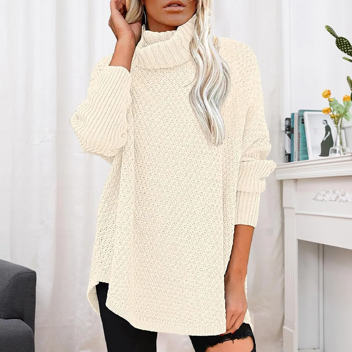 Women Oversized Sweaters Long Sleeve Knit Blouse Cozy Pullover Casual Turtleneck Sweater Trendy Winter Outfits