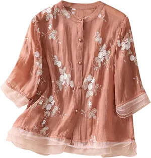 Women Shirt Retro Collared Chinese Frog Button Tops Short Sleeve Blouse 2025 Lightweight Comfy Summer Vintage T Shirt